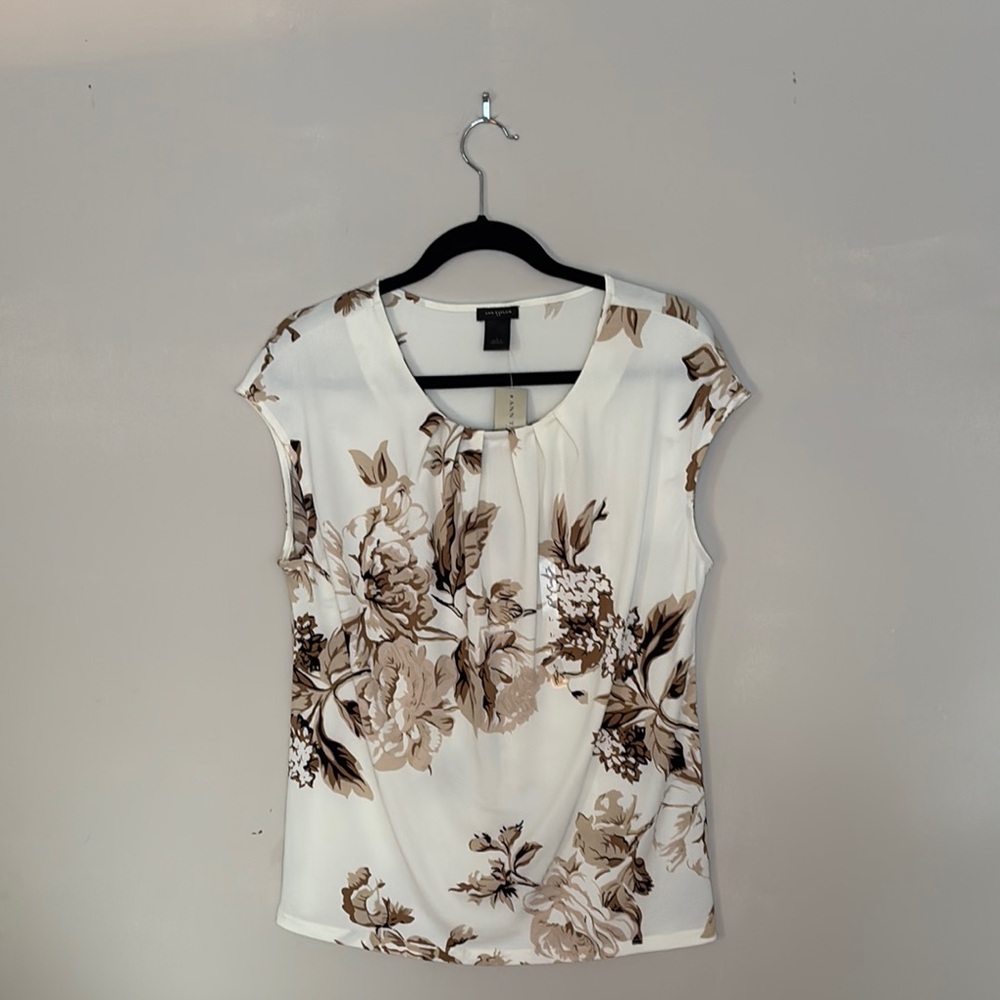 Ann Taylor Floral Cap Sleeve Blouse - Cream and Brown